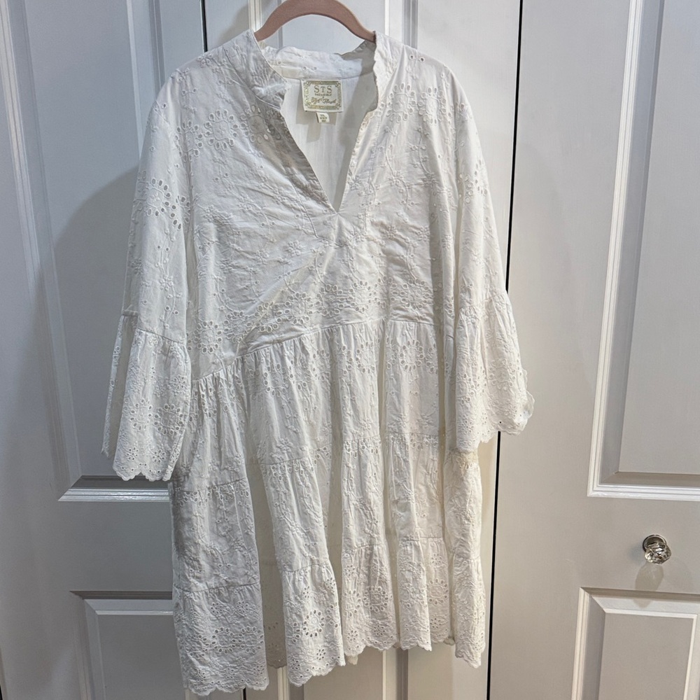 EUC Sail to Sable Plus Size XXL 2X White Eyelet Mini Tunic Dress Mandarin Collar